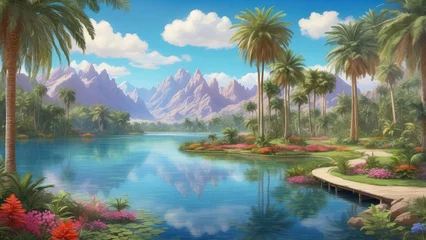 Fototapete A serene park scene featuring a tranquil water body surrounded by lush greenery. © Maruf