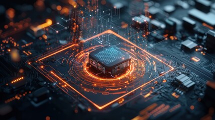 Futuristic CPU on circuit board, glowing orange, intricate design