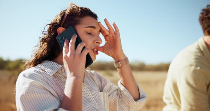 Couple, phone call and stress for vehicle breakdown outdoor with accident, road trip disaster and engine fail. People, anxiety and speaking to insurance agent for roadside assistance and travel risk