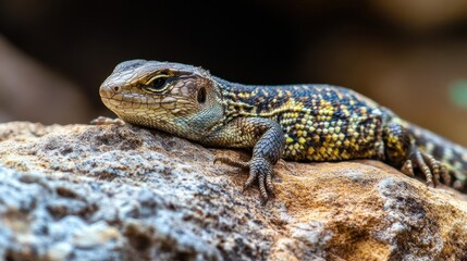 A colorful lizard resting on a textured rocky surface