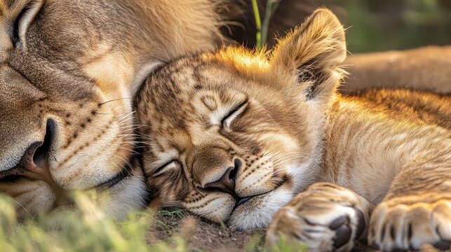 Two sleeping lions showing a tender moment of affection and peace