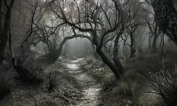 Mysterious forest pathway surrounded by twisted trees and fog, evoking a sense of intrigue and adventure