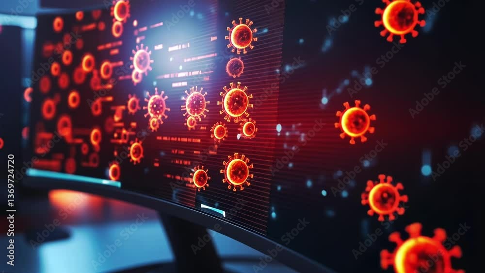 Aufkleber a macro shot of a computer monitor displaying a frantic array of malevolent virus symbols crashing a