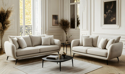 Modern Interior Cozy Living Room with Elegant Scandinavian Decor and Soft Natural Light 3D Illustration