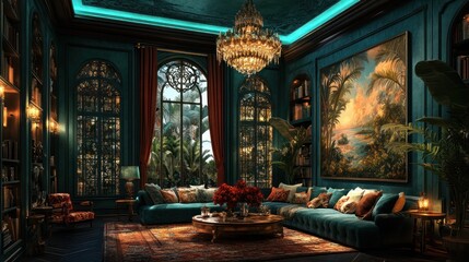 Fototapeta premium Luxurious teal library with tropical view