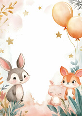 Naklejka premium Cute illustration of animals with balloons and flowers, ideal for a children's event.