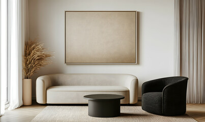 Fototapeta premium Modern Interior Minimalist Living Room with Wooden Flooring and Sunlit Space 3D Rendering