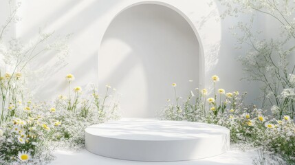 Bright floral display with a circular platform and white archway in a sunny outdoor setting during springtime