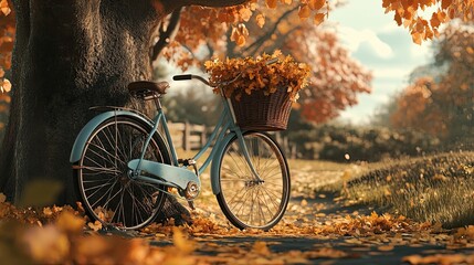 Obraz premium Autumnal scene: bicycle, leaves, basket, tree, path.