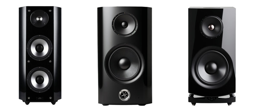High-Quality black tower speakers' modern home audio system with powerful stereo sound with dual woofers, a sleek modern design, and metallic accents, isolated on a transparent background