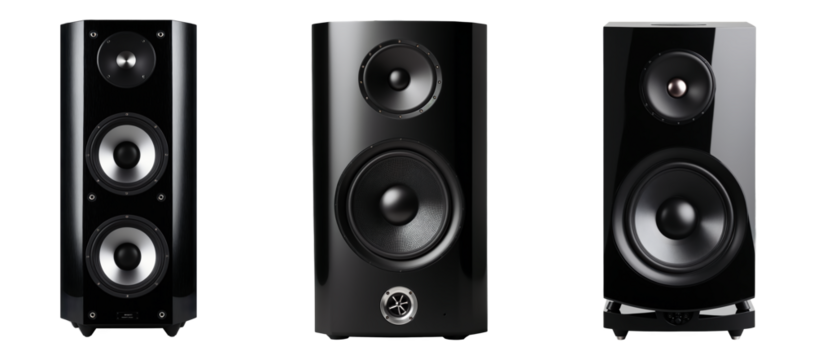 High-Quality black tower speakers' modern home audio system with powerful stereo sound with dual woofers, a sleek modern design, and metallic accents, isolated on a transparent background
