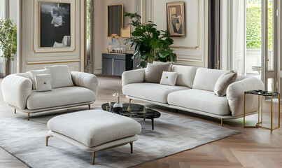 Modern Interior Minimalist Living Room with Wooden Flooring and Sunlit Space 3D Rendering