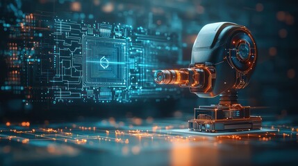 Futuristic robotic head analyzing data,  integrated circuit displayed