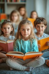 Group of children reading books in front of bright background