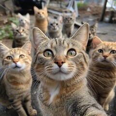Selfie of several curious cats