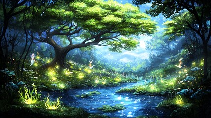 Fototapeta premium Luminous Night Forest Pixel Art of Tranquil Stream and Glowing Flora