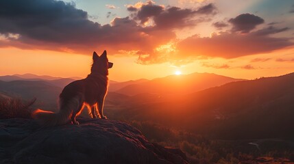 A dog standing on a mountain top, looking out over a vast landscape during sunset