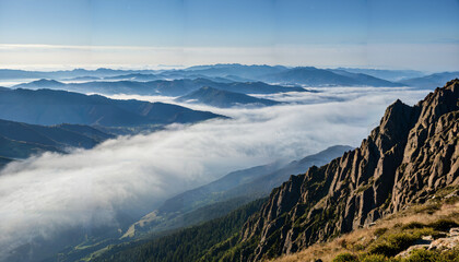 Paysage montagneux avec nuages bas et un ciel bleu