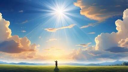 A vibrant blue sky filled with fluffy white clouds surrounds a glowing white cross,