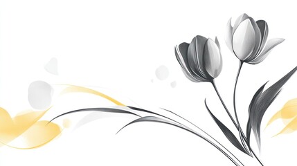 Elegant gray tulips, yellow accents, white background, home decor