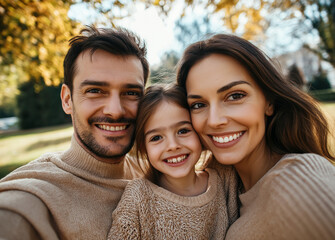 Happy family taking a selfie in a lush green park, smiling and enjoying a fun moment together in a bright outdoor setting, capturing joy and togetherness