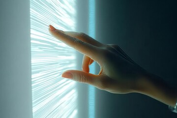 Businesswoman using white futuristic interface with her fingertip. Hand touch screen. generative AI