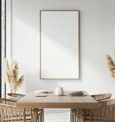 Contemporary dining area featuring a minimalist table and a large blank canvas on the wall