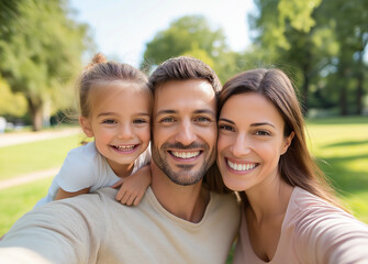 Happy family taking a selfie in a lush green park, smiling and enjoying a fun moment together in a bright outdoor setting, capturing joy and togetherness