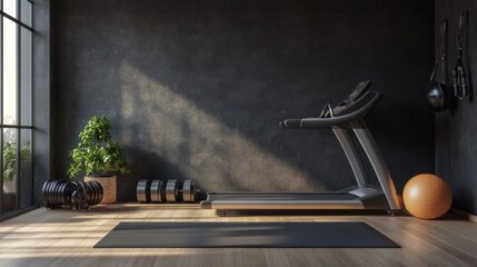 Modern home gym interior featuring treadmill, weights, and yoga mat with natural light from large windows