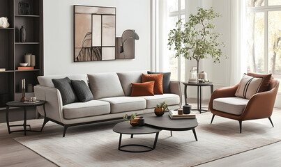 Modern Interior Minimalist Living Room with Wooden Flooring and Sunlit Space 3D Rendering