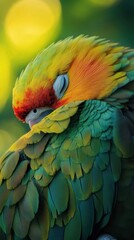 Obraz premium A vibrant colorful parrot is peacefully resting its head
