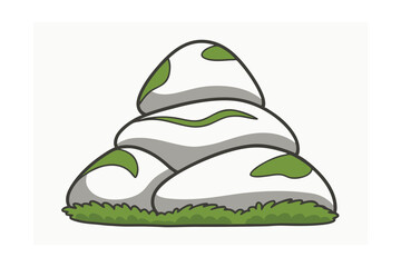 Cartoon Rocks Stacked Grassy Green Mossy Stones Nature