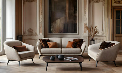 Modern Interior Minimalist Living Room with Wooden Flooring and Sunlit Space 3D Rendering