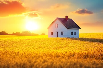 White house in golden wheat field under sunset sky, idyllic rural landscape, peaceful scene