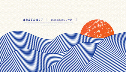 Abstract blue water wave line pattern background. Japanese ocean style concept. Vector illustration.