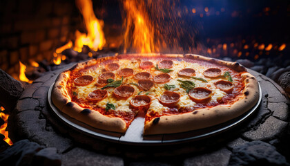 "Fiery Elegance: Ultra-Detailed Pizza Suspended Above Red-Hot Coals"