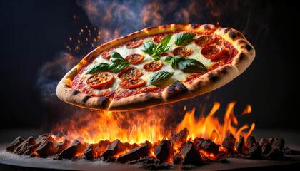 "Fiery Elegance: Ultra-Detailed Pizza Suspended Above Red-Hot Coals"