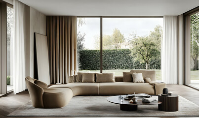 Modern Interior Design of a Bright and Stylish Living Room with Plaster Walls 3D Render