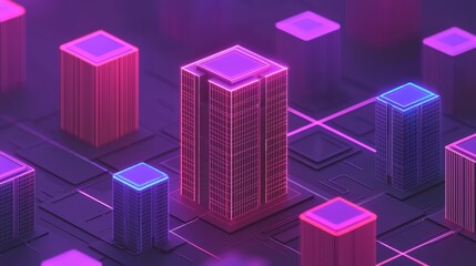 Fototapeta premium Neon city, futuristic cityscape, digital architecture.