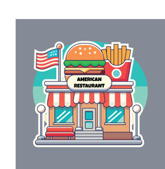 Colorful vector illustration of an American fast food restaurant with a retro-style facade. The building features a giant burger and fries on the roof, an American flag.