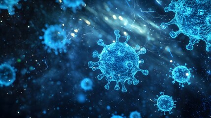 Microscopic view of spreading blue virus particles in a digital environment