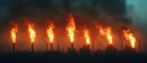 A factory emitting flames instead of smoke, exaggerating the extreme heat of climate change