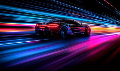 Futuristic Sports Car On Neon Highway. Powerful acceleration of a supercar with colorful lights trails. generative AI