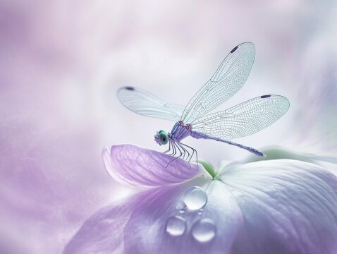 Minimalist Hyperrealism a dragonfly on a petal in virgin white lovely lilac liquid lime and ethereal silver