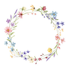 Wreath with watercolor wildflowers, floral frame for greeting card, invitation and other printing design. Isolated on white. Hand drawing.	