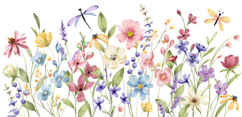 Watercolor wild flowers border banner for stationary, greetings, etc., floral decoration. Hand drawing. © Larisa