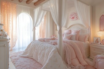 A cozy and elegant pink bedroom with a four poster bed