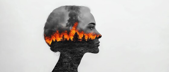 Double exposure of a person s face and wildfires, illustrating the human impact of global warming