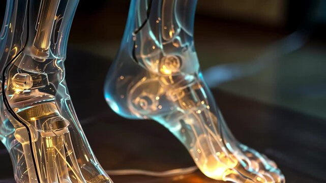A transparent foot sculpture is creatively decorated with glowing string lights, casting soft illumination on the wooden floor in a cozy, low-light environment.