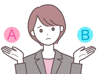 A案とB案で悩むスーツの女性